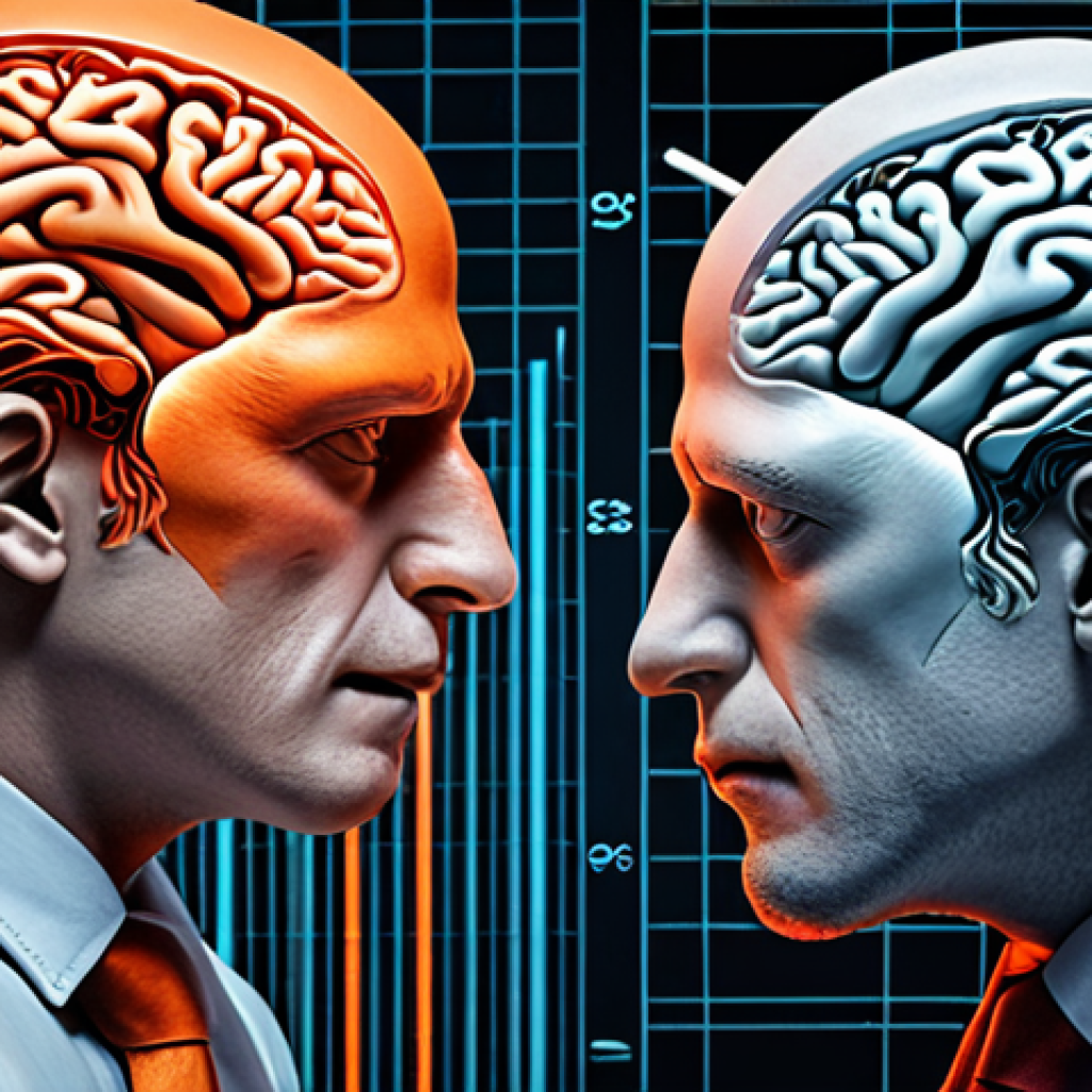 A split image depicting the duality of investment. On one side, a cold, calculating brain with intricate financial charts and data, representing traditional rational finance. On the other side, a human figure visibly struggling with emotions like stress, excitement, and regret amidst chaotic stock market graphs, symbolizing behavioral finance. The colors should reflect this contrast: cool blues/greys for rationality, warm/turbulent reds/oranges for emotion. Detailed, high-resolution, conceptual art.