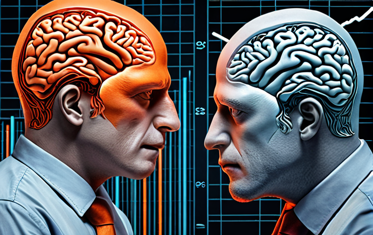 A split image depicting the duality of investment. On one side, a cold, calculating brain with intricate financial charts and data, representing traditional rational finance. On the other side, a human figure visibly struggling with emotions like stress, excitement, and regret amidst chaotic stock market graphs, symbolizing behavioral finance. The colors should reflect this contrast: cool blues/greys for rationality, warm/turbulent reds/oranges for emotion. Detailed, high-resolution, conceptual art.
