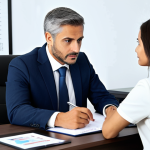 Financial Consultant Meeting**

A professional financial consultant in a modest business suit, sitting across from a fully clothed client in appropriate attire at a modern office desk, discussing investment strategies and risk tolerance, charts and graphs visible in the background, emphasizing long-term financial goals and avoiding short-term emotional decisions, safe for work, perfect anatomy, correct proportions, natural pose, professional photography, high quality, family-friendly.

**