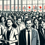 The Herd**

"A stylized illustration representing the 'herd mentality' in the stock market. Depict people (fully clothed in professional attire) rushing in the same direction, some smiling optimistically, others with worried expressions. Background shows a simplified stock chart.  Safe for work, appropriate content, professional illustration, perfect anatomy, correct proportions, fully clothed, modest clothing."

**