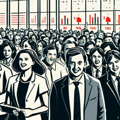 The Herd**

"A stylized illustration representing the 'herd mentality' in the stock market. Depict people (fully clothed in professional attire) rushing in the same direction, some smiling optimistically, others with worried expressions. Background shows a simplified stock chart.  Safe for work, appropriate content, professional illustration, perfect anatomy, correct proportions, fully clothed, modest clothing."

**