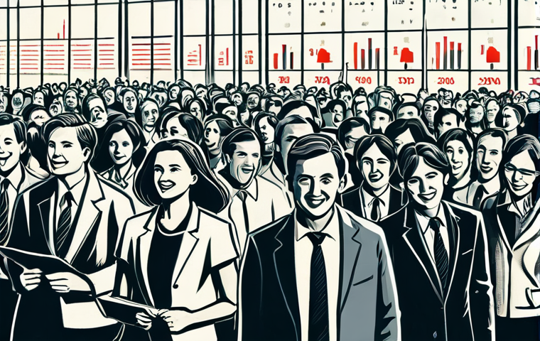 The Herd**

"A stylized illustration representing the 'herd mentality' in the stock market. Depict people (fully clothed in professional attire) rushing in the same direction, some smiling optimistically, others with worried expressions. Background shows a simplified stock chart.  Safe for work, appropriate content, professional illustration, perfect anatomy, correct proportions, fully clothed, modest clothing."

**