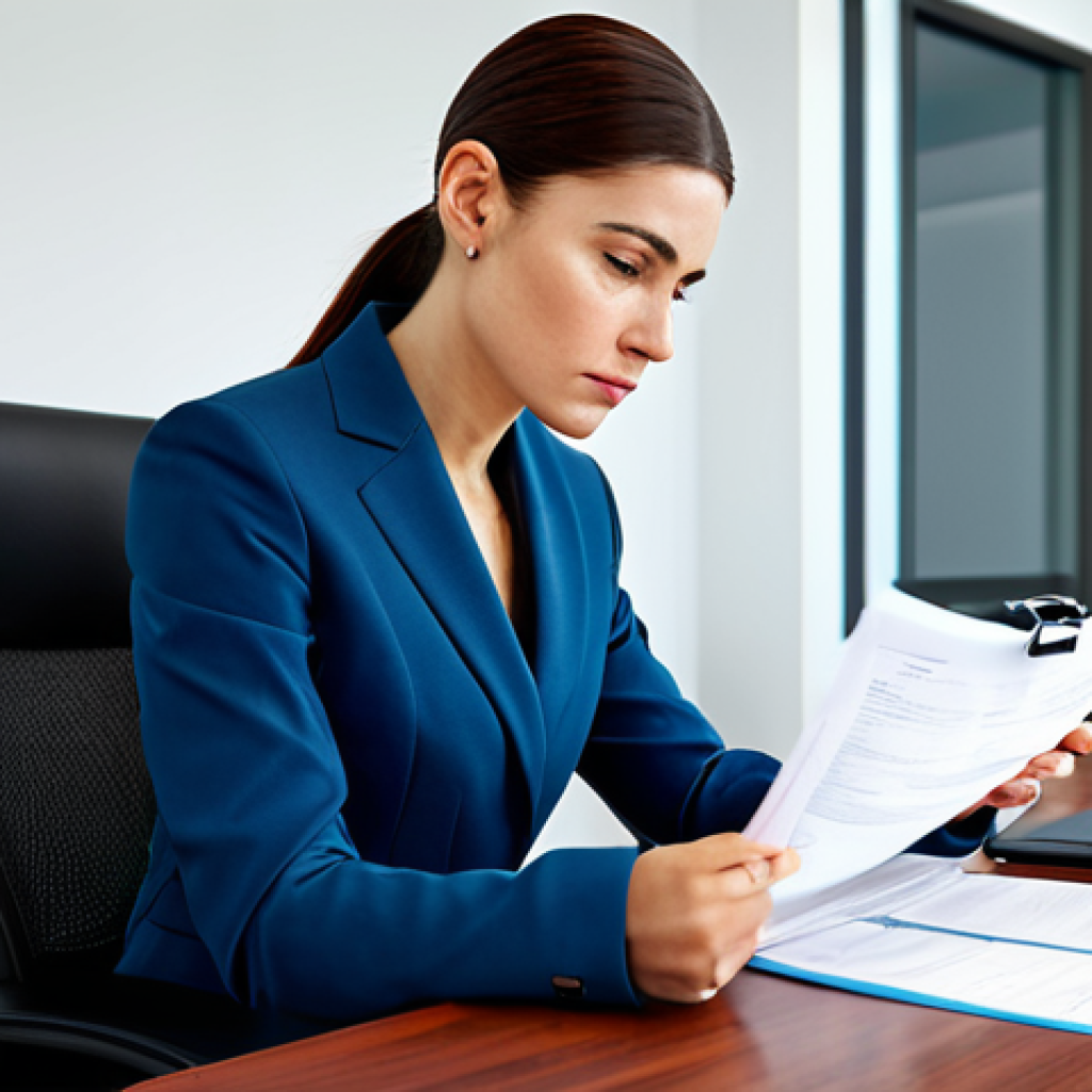 **
A professional woman in a tailored business suit, seated at a modern desk in a bright, contemporary office. She is reviewing financial documents with a calm and focused expression. Fully clothed, appropriate attire, safe for work, perfect anatomy, natural proportions, professional.
**