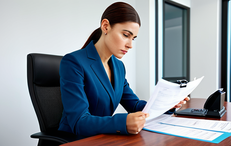 **

A professional woman in a tailored business suit, seated at a modern desk in a bright, contemporary office. She is reviewing financial documents with a calm and focused expression. Fully clothed, appropriate attire, safe for work, perfect anatomy, natural proportions, professional.

**