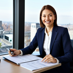 Professional Businesswoman in Modern Office**

A professional businesswoman, fully clothed in a modest, tailored business suit (skirt suit preferred), sitting at a clean, modern desk in a bright, open-plan office. She is smiling warmly while reviewing documents. The office has large windows with a city view in the background.  Appropriate attire, safe for work, perfect anatomy, correct proportions, natural pose, professional photography, well-formed hands, proper finger count, family-friendly, high quality.

**