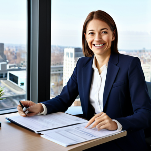 Professional Businesswoman in Modern Office**

A professional businesswoman, fully clothed in a modest, tailored business suit (skirt suit preferred), sitting at a clean, modern desk in a bright, open-plan office. She is smiling warmly while reviewing documents. The office has large windows with a city view in the background.  Appropriate attire, safe for work, perfect anatomy, correct proportions, natural pose, professional photography, well-formed hands, proper finger count, family-friendly, high quality.

**