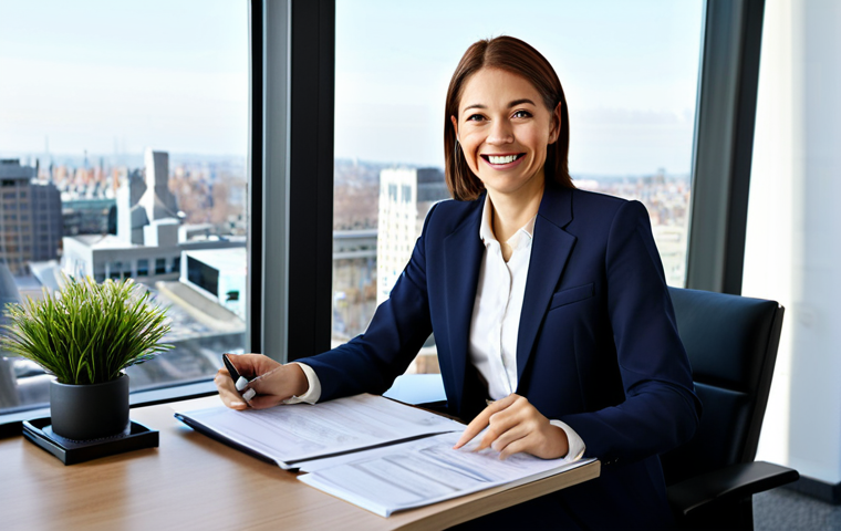 Professional Businesswoman in Modern Office**

A professional businesswoman, fully clothed in a modest, tailored business suit (skirt suit preferred), sitting at a clean, modern desk in a bright, open-plan office. She is smiling warmly while reviewing documents. The office has large windows with a city view in the background.  Appropriate attire, safe for work, perfect anatomy, correct proportions, natural pose, professional photography, well-formed hands, proper finger count, family-friendly, high quality.

**