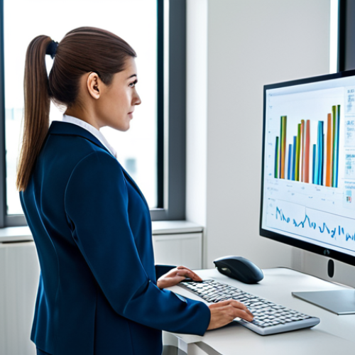 편향을 이해하기 위한 심리학적 접근 - A professional woman in a modest business suit, analyzing data on a computer screen in a modern, bri...