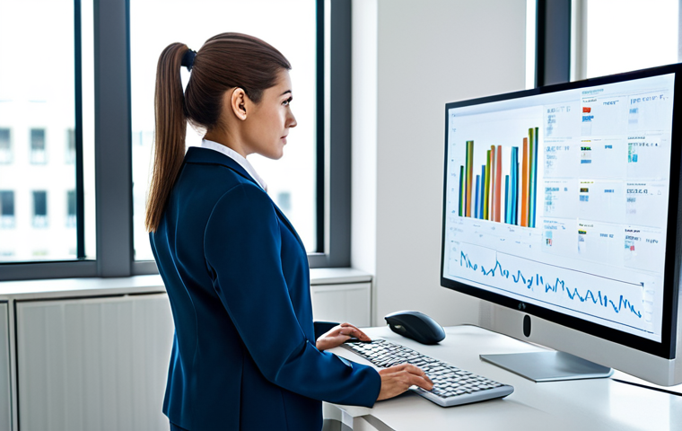 편향을 이해하기 위한 심리학적 접근 - A professional woman in a modest business suit, analyzing data on a computer screen in a modern, bri...